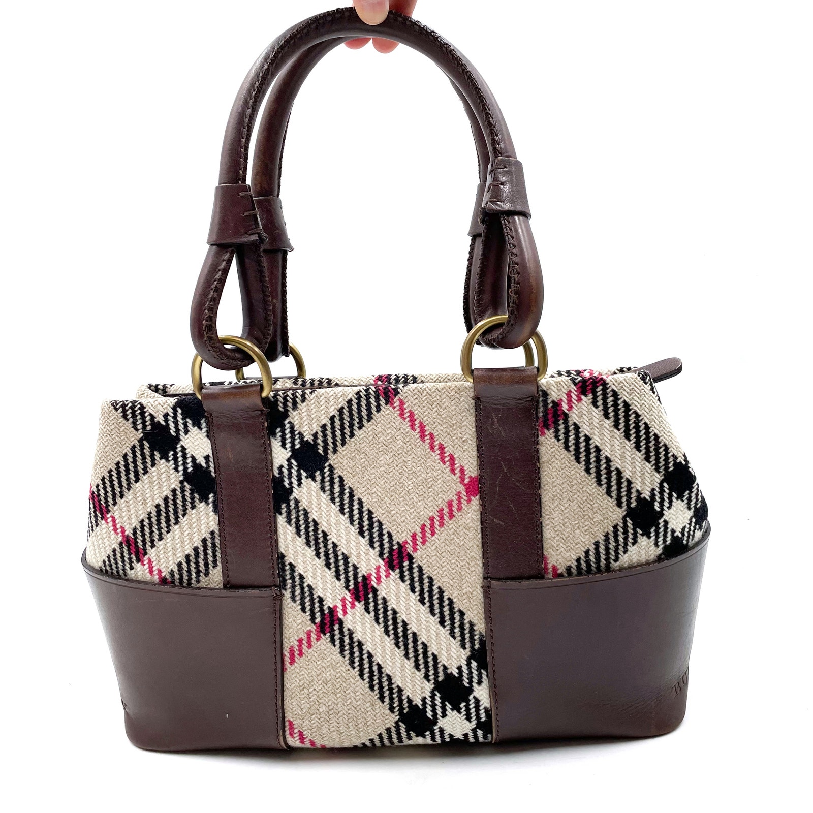 Burberry Nova Check Satchel Bag Beige Brown Wool Leather Double Handle